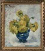 Jacques MARTIN (1844-1919),
Fleurs jaunes dans un vase bleu,
Huile sur toile,
Signé...