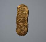 Dix pièces or, 20 francs, Coq, 1910
Lot conservé en banque,...