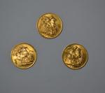 Trois pièces or, Souverain Georges V, 1911 (x1), 1927 (x2)
Lot...