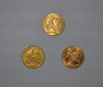 Trois pièces or, 20 francs, Coq, 1905 (x1), 1911 (x1),...