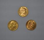 Trois pièces or, 20 francs, Coq, 1905 (x1), 1911 (x1),...