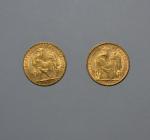 Deux pièces or 20 francs Coq, 1907 (x1) et 1909...