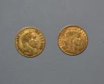 Deux pièces or 10 francs Napoléon III tête laurée 1864...