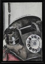 Marie-Thérèse BOURRAT (née en 1938),
Le téléphone, 1971,
Huile sur toile,
Signé et...