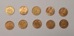 Lot de 10 pièces de 20 francs or, 1851, 1857,...