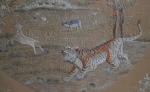 CHINE
Tissu brodé représentant un tigre chassant une antilope
116 x 116...