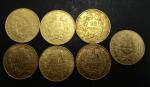 Deuxième République :  Sept pièces de 20 francs or,...