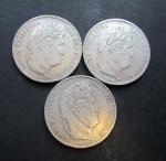 LOUIS-PHILIPPE - Trois pièces de 5 Francs argent Paris 1834,...