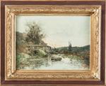 Jean BAIN (XIX-XXème siècle).Paysage à l'étang.Huile sur toile.Signé en bas...