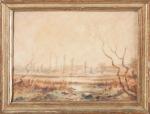 François Auguste RAVIER (1814-1895). Paysage à l'étang. Aquarelle sur papier....