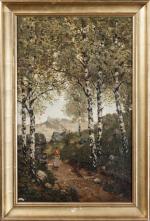 Charles Montlevault (1835-1897) Promeneuse dans la forêt. Huile sur toile....