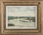 Gustave KARCHER (1831-1908). "Paysage à la rivière". Huile sur panneau,...