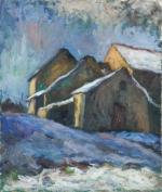 Rémo REA (1953-2015). Maisons sous la neige.Huile sur toile.46x38 cm....