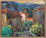 Rémo REA (1953-2015).  Village en montagne. Huile sur toile....