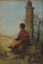ECOLE fin XIXème
Jeune fille au pied du monument
Huile sur toile...