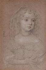 Sir Peter Lely (1618-1680)<br />
Portrait de jeune fille<br />
Pierre noire et craie blanche, rehauts de sanguine et de pastel rose<br />
29,5 x 20 cm, monogrammé PL à gauche