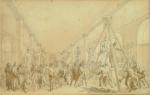 Benjamin ZIX (1772-1811)<br />
Enlèvement des sculptures du musée Cassel, avec au centre Dominique-Vivant Denon<br />
Plume et encre noire, lavis brun, 19,2 x 30,2 cm