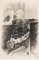 Maurice FEUILLET (1873-1968)<br />
Alfred Dreyfus au procès, le 12 août 1899<br />
Pierre noire avec rehauts de gouache blanche<br />
Signé, daté et situé en bas à droite 35,2 x 22,8 cm