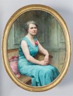 Tony TOLLET (1857-1953). " Portrait de femme en robe bleue...