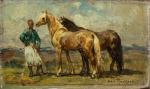Henri Emilien ROUSSEAU (1875-1933). " Cavalier et ses deux chevaux...