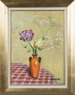 Alfred LESBROS (1873-1940). " Un vase de fleurs ". Huile...