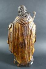 Saint tenant une baton en bois sculpté peint et doré,...
