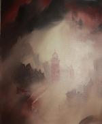 Jean-Georges INCA (XXe-XXIe) - Vue de ville dans brouillard rose...