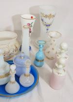 Un lot d'objets en opaline comprenant vase, flacons et divers...