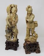 Une paire de statuettes en jadéite - "Les pêcheurs" -...