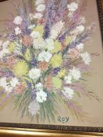 ROY (XXème s.) : Bouquet de fleurs aux oeillets blancs,...