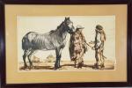Armand COUSSENS -" Deux personnages devant un cheval" - eau-forte signée...
