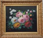 Ecole française XXème -"Bouquet de roses" - peinture sur soie...