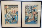 KUNISADA : 2 estampes japonaises représentant des scènes d'intérieur animées...