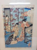 KUNISADA : 2 estampes japonaises représentant des scènes d'intérieur animées...