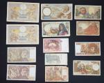 Treize billets de banque Francs de diverses époques et en...