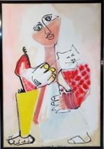 Bernard LORJOU (1908-1986) - "La femme au chat" - gouache...