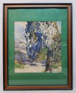 Jeanne COUSSENS (XIX-XXème) - Chemin sous les arbres - Aquarelle...
