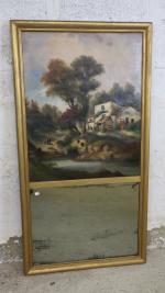 Miroir trumeau orné d'une huile sur toile représentant un paysage...
