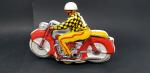 JOUETS MONT-BLANC (v.1960) une moto en tôle lithographiée rouge/jaune, dossard...