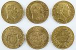 Belgique, ensemble de 3 monnaies 20 Francs or , 1865...