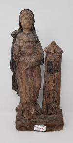 Art populaire - "Sainte Barbe"- Groupe en bois sculpté polychrome...