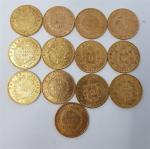13 pièces de 20 francs or datées : 2x1852 -...