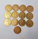 13 pièces de 20 francs or datées : 2x1852 -...