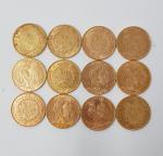 12 pièces de 20 francs or datées : 1856 -...