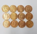 12 pièces de 20 francs or datées : 1856 -...