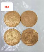 Lot de 4 pièces or République Française de 20 francs