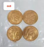 Lot de 4 pièces or République Française de 20 francs