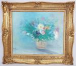 Auguste BLANC (1904-1984) - "Bouquet de fleurs sur fond bleu"...
