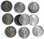 Ensemble de 10 pièces de 1 Franc Semeuse argent 1915...