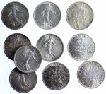 Ensemble de 10 pièces de 1 Franc Semeuse argent, 9...